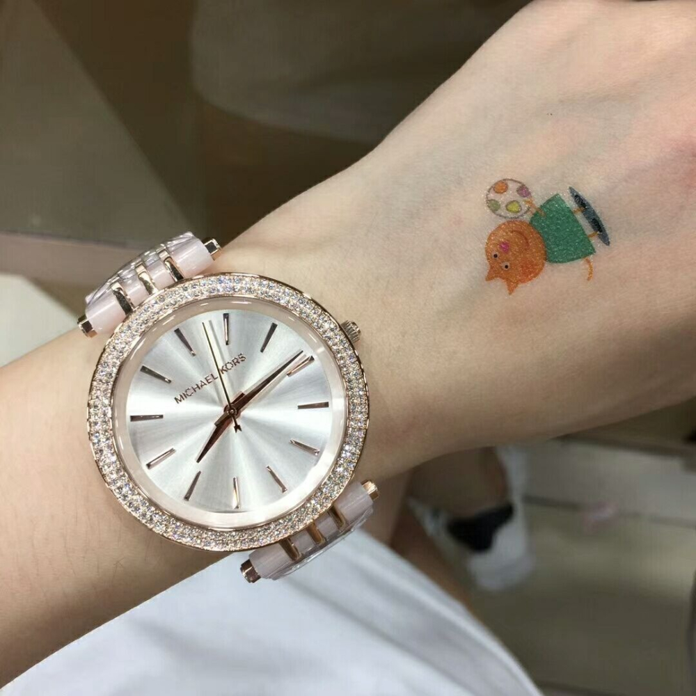Michael Kors手錶 女生手錶 時尚休閒女錶 新款圓盤超薄時尚鑲鑽女生手錶 玫瑰金粉色間膠石英錶MK4327-細節圖3
