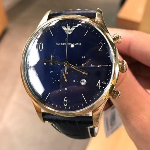 ARMANI手錶 阿曼尼男錶 真皮三眼計時日曆防水石英錶 藍色錶面商務休閒手錶AR1862