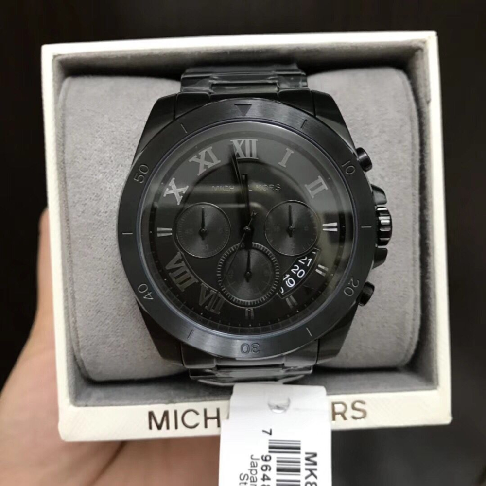 Michael Kors手錶 大直徑休閒男錶 MK手錶 全黑色不鏽鋼鏈 男士日曆防水三眼計時手錶MK8482