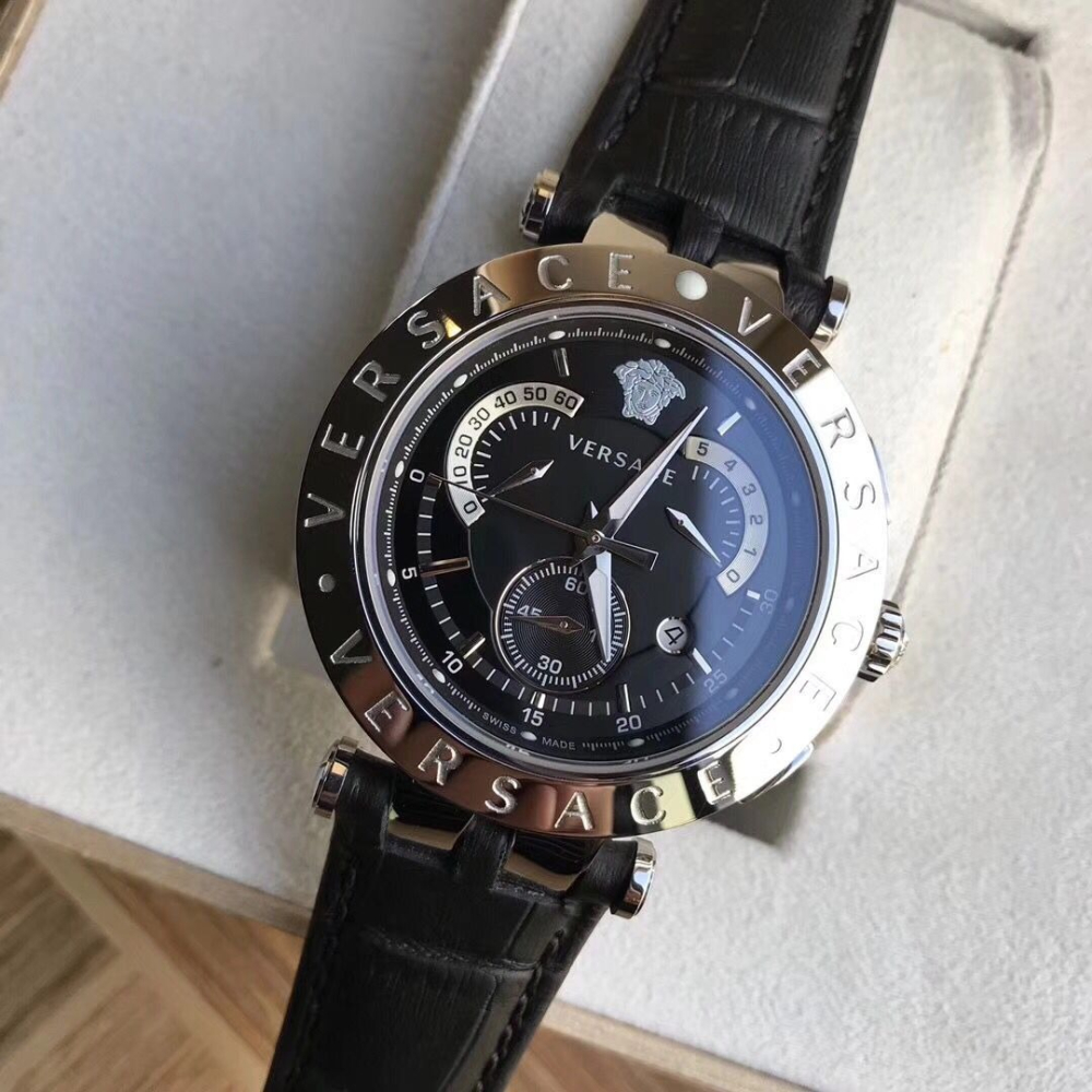 VERSACE手錶 凡賽斯手錶 時尚運動男錶 小醜真皮錶帶黑面瑞士石英男錶 時尚潮流男士腕錶23C80D008S497-細節圖2