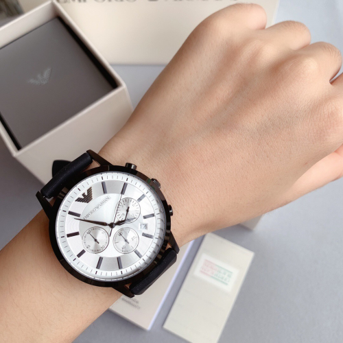 Armani手錶 阿瑪尼手錶男 阿曼尼男錶 新款橡膠錶帶三眼日曆 時尚簡約黑色白面石英男士腕錶AR11048