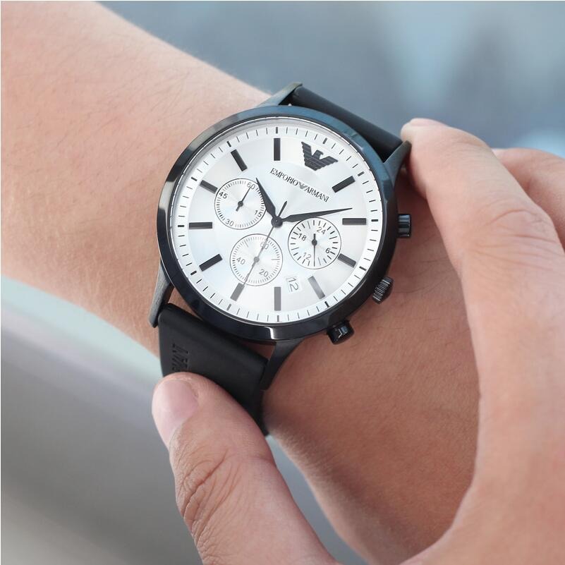 Armani手錶 阿瑪尼手錶男 阿曼尼男錶 新款橡膠錶帶三眼日曆 時尚簡約黑色白面石英男士腕錶AR11048-細節圖3