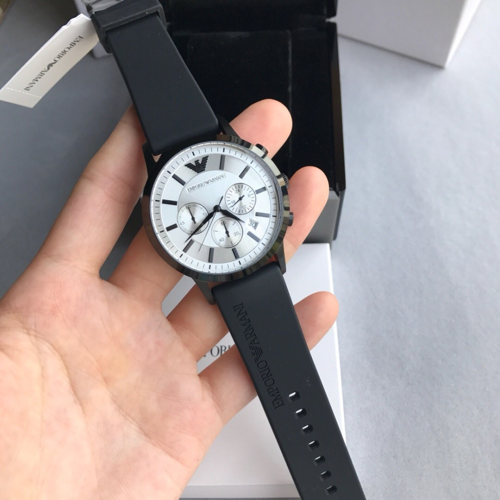 Armani手錶 阿瑪尼手錶男 阿曼尼男錶 新款橡膠錶帶三眼日曆 時尚簡約黑色白面石英男士腕錶AR11048-細節圖4
