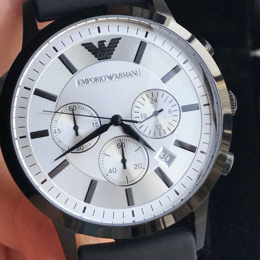 Armani手錶 阿瑪尼手錶男 阿曼尼男錶 新款橡膠錶帶三眼日曆 時尚簡約黑色白面石英男士腕錶AR11048-細節圖7