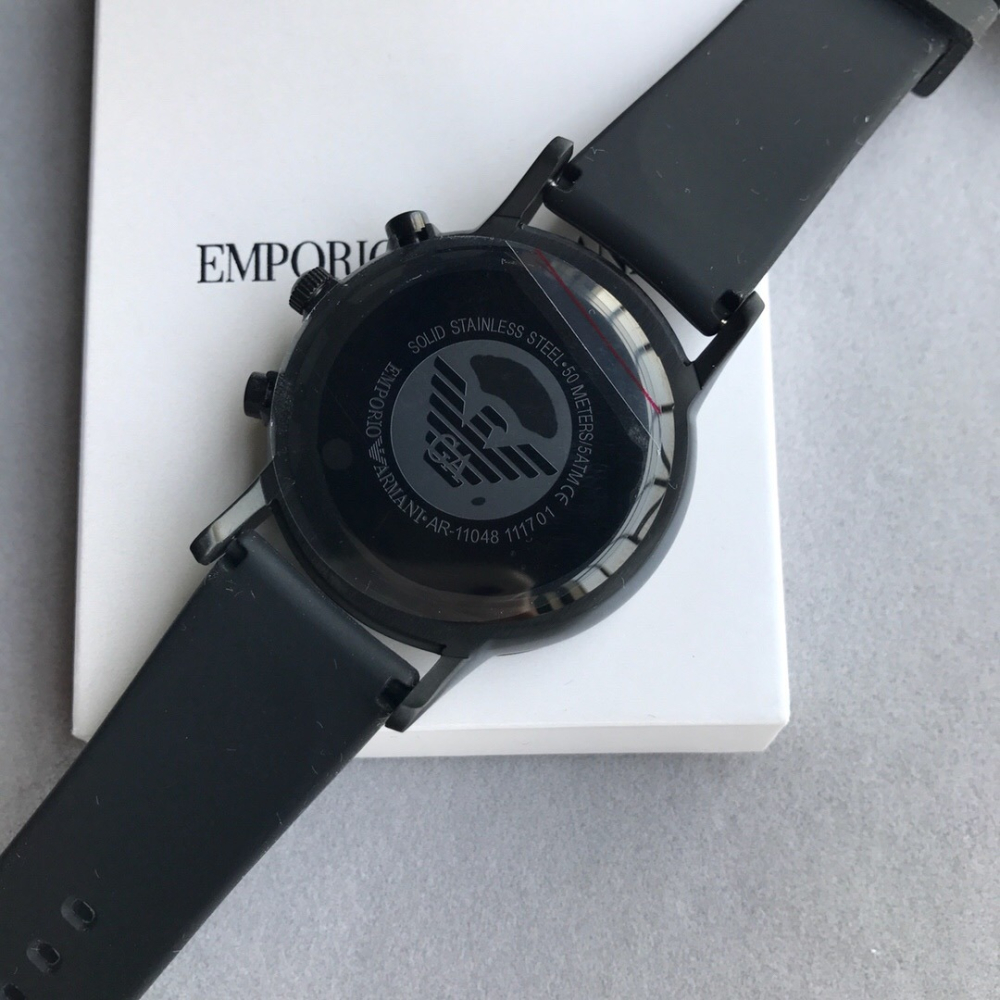 Armani手錶 阿瑪尼手錶男 阿曼尼男錶 新款橡膠錶帶三眼日曆 時尚簡約黑色白面石英男士腕錶AR11048-細節圖8