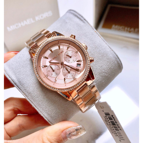 Michael Kors手錶 MK手錶 玫瑰金色鋼帶錶 大直徑手錶女 鑲鑽三眼不鏽鋼鏈日曆防水時尚女錶MK6357
