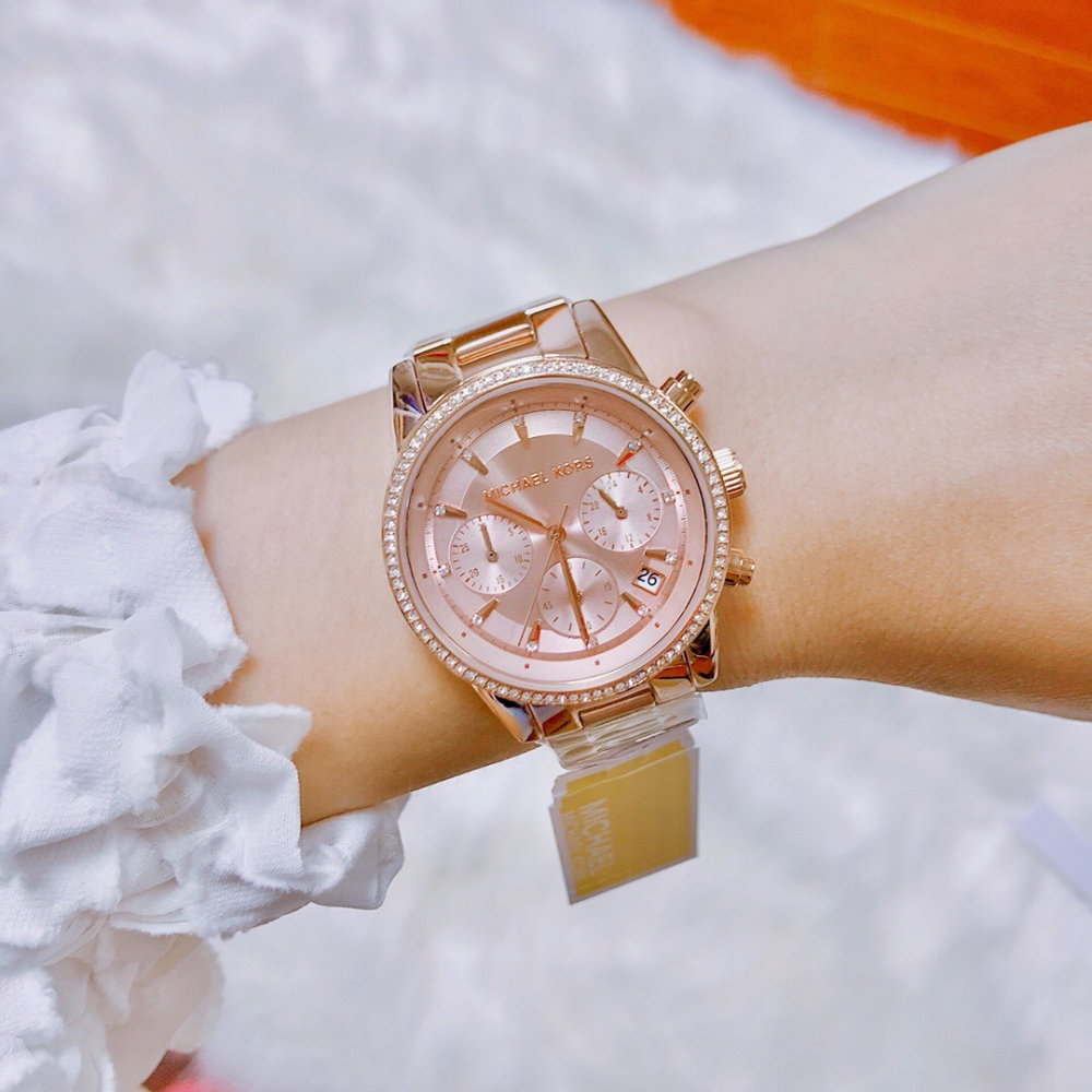 Michael Kors手錶 MK手錶 玫瑰金色鋼帶錶  大直徑手錶女 鑲鑽三眼不鏽鋼鏈日曆防水時尚女錶MK6357-細節圖2