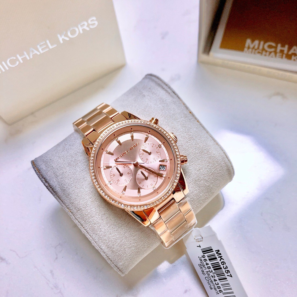 Michael Kors手錶 MK手錶 玫瑰金色鋼帶錶  大直徑手錶女 鑲鑽三眼不鏽鋼鏈日曆防水時尚女錶MK6357-細節圖3