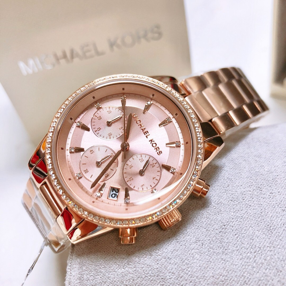 Michael Kors手錶 MK手錶 玫瑰金色鋼帶錶  大直徑手錶女 鑲鑽三眼不鏽鋼鏈日曆防水時尚女錶MK6357-細節圖4