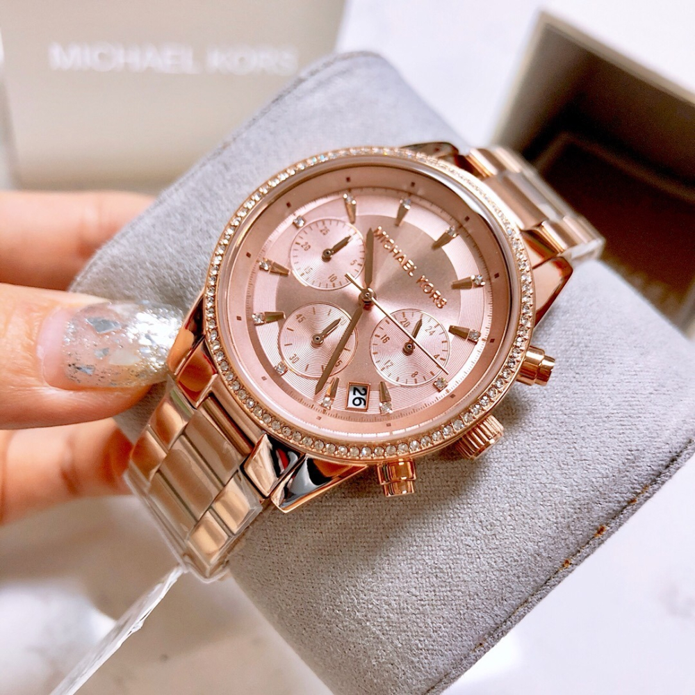 Michael Kors手錶 MK手錶 玫瑰金色鋼帶錶  大直徑手錶女 鑲鑽三眼不鏽鋼鏈日曆防水時尚女錶MK6357-細節圖5