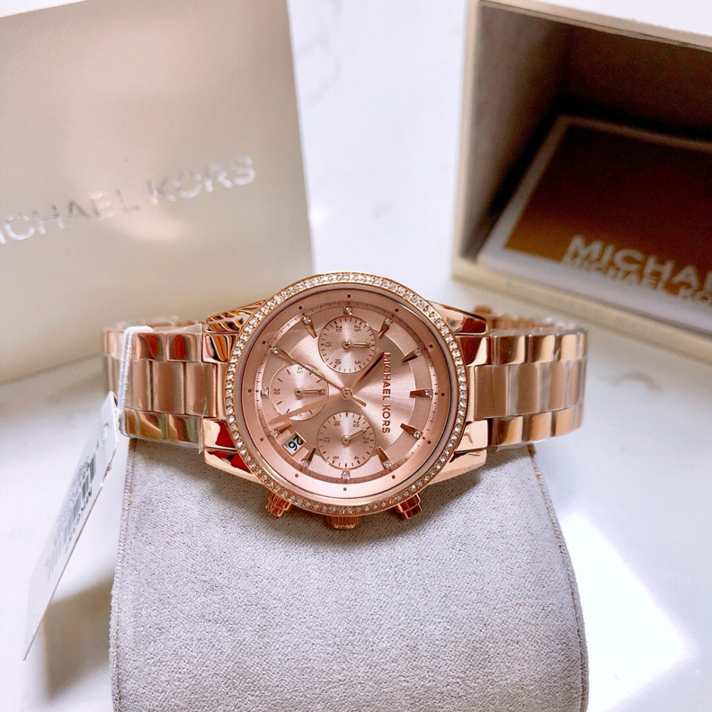Michael Kors手錶 MK手錶 玫瑰金色鋼帶錶  大直徑手錶女 鑲鑽三眼不鏽鋼鏈日曆防水時尚女錶MK6357-細節圖6