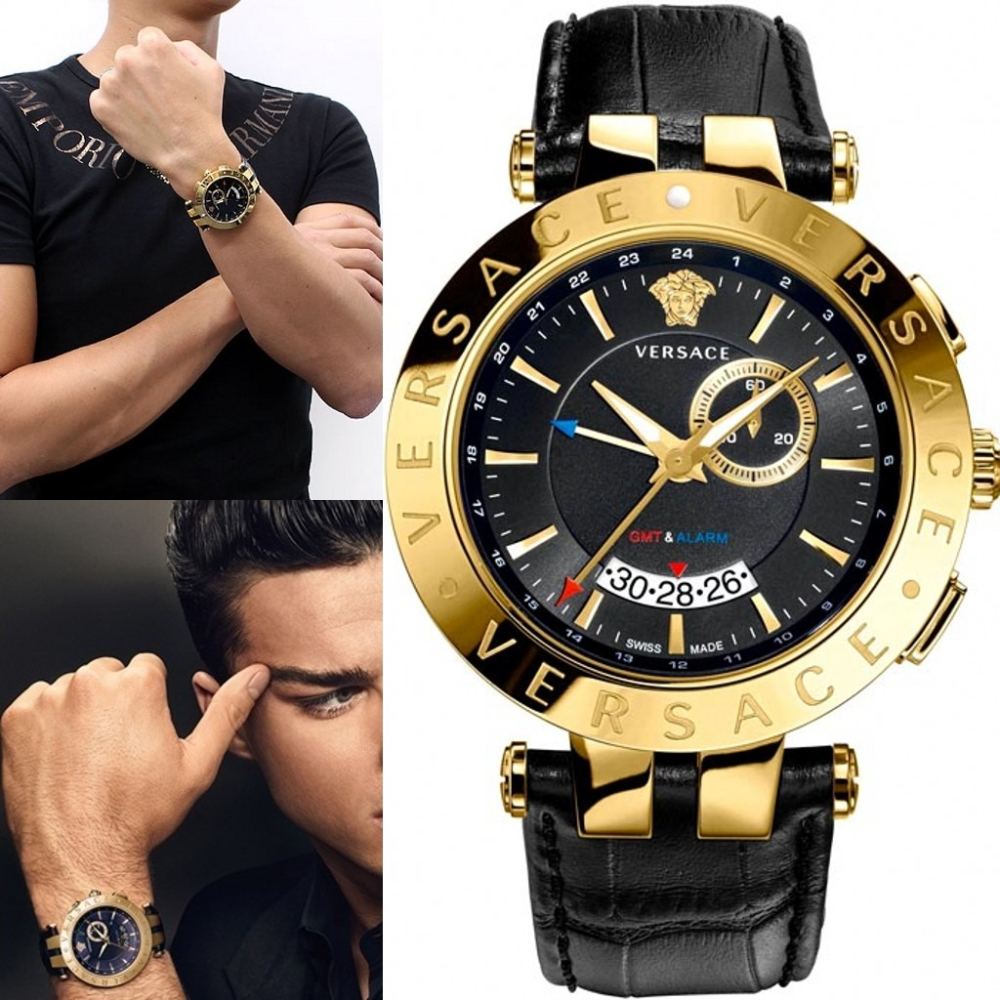 Versace手錶男 凡賽斯手錶 真皮錶帶黑金男士腕錶 雙地時區多功能高端商務休閒男錶 29G70D009-細節圖2