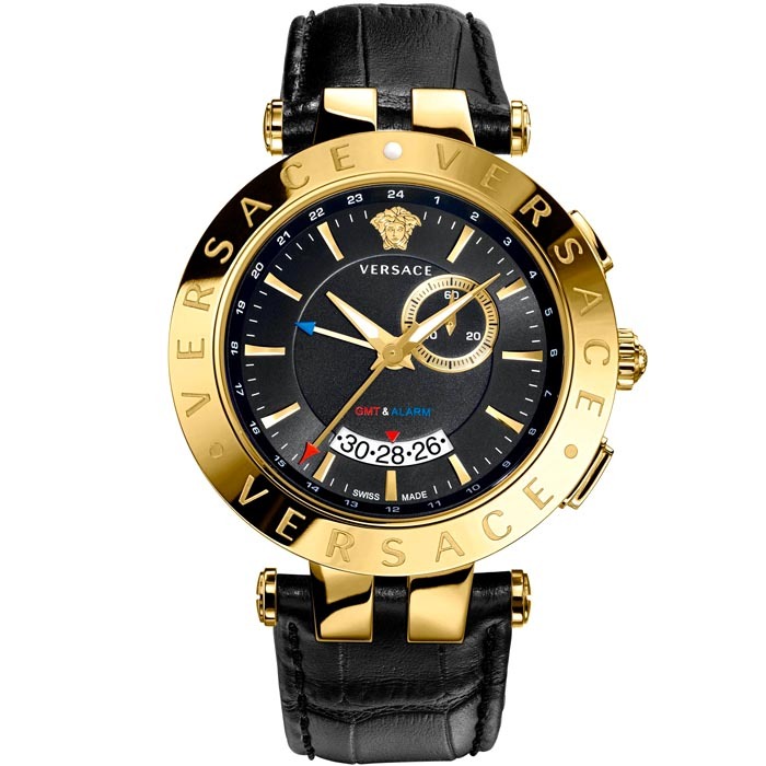 Versace手錶男 凡賽斯手錶 真皮錶帶黑金男士腕錶 雙地時區多功能高端商務休閒男錶 29G70D009-細節圖4