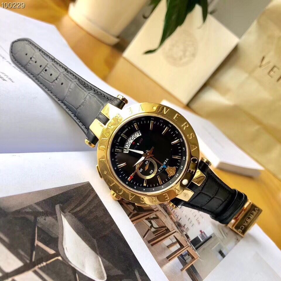 Versace手錶男 凡賽斯手錶 真皮錶帶黑金男士腕錶 雙地時區多功能高端商務休閒男錶 29G70D009-細節圖5