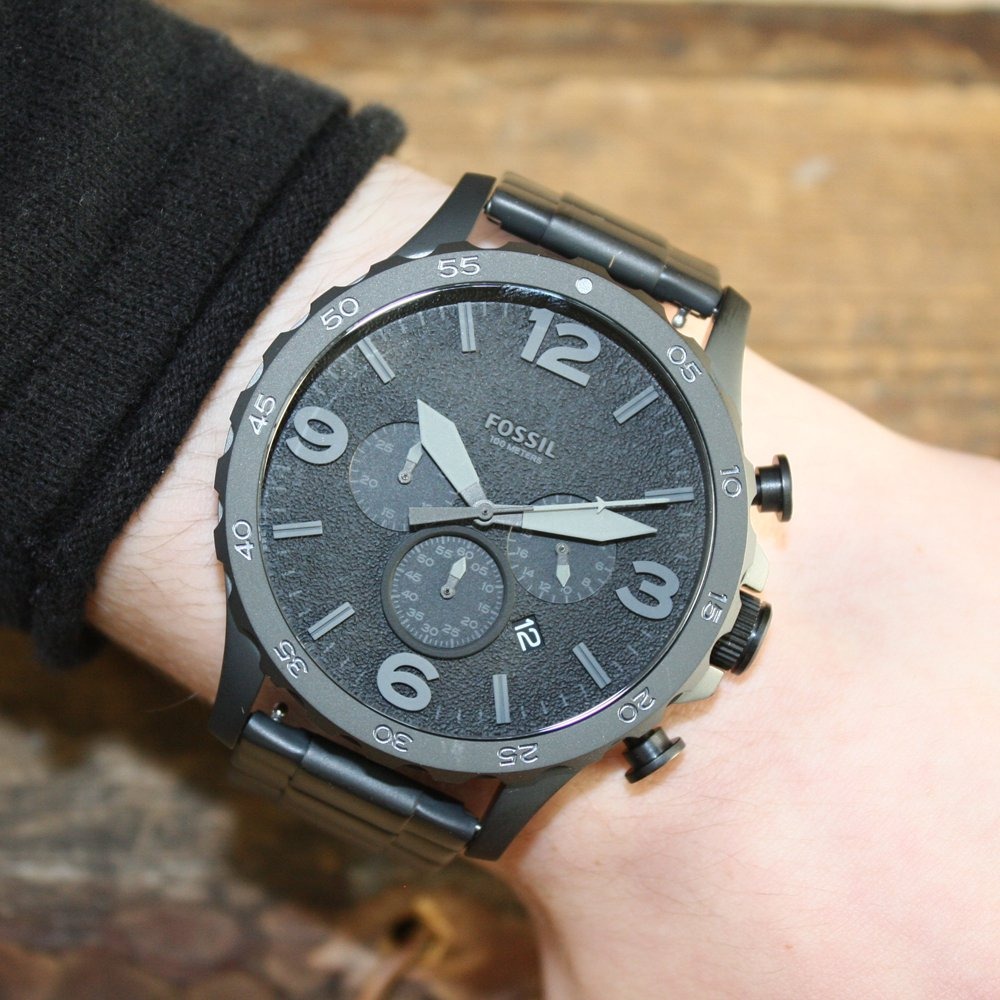 富思Fossil 男錶 三眼計時潮流酷黑鋼鏈手錶 黑色大錶盤石英錶 休閒時尚男士腕錶JR1401-細節圖4