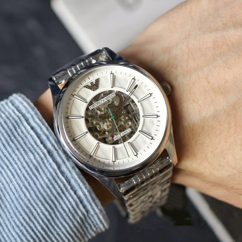阿曼尼手錶 ARMANI手錶 男生腕錶 鏤空自動機械錶 男士休閒高檔不鏽鋼鏈手錶 阿瑪尼商務銀色男錶AR1945