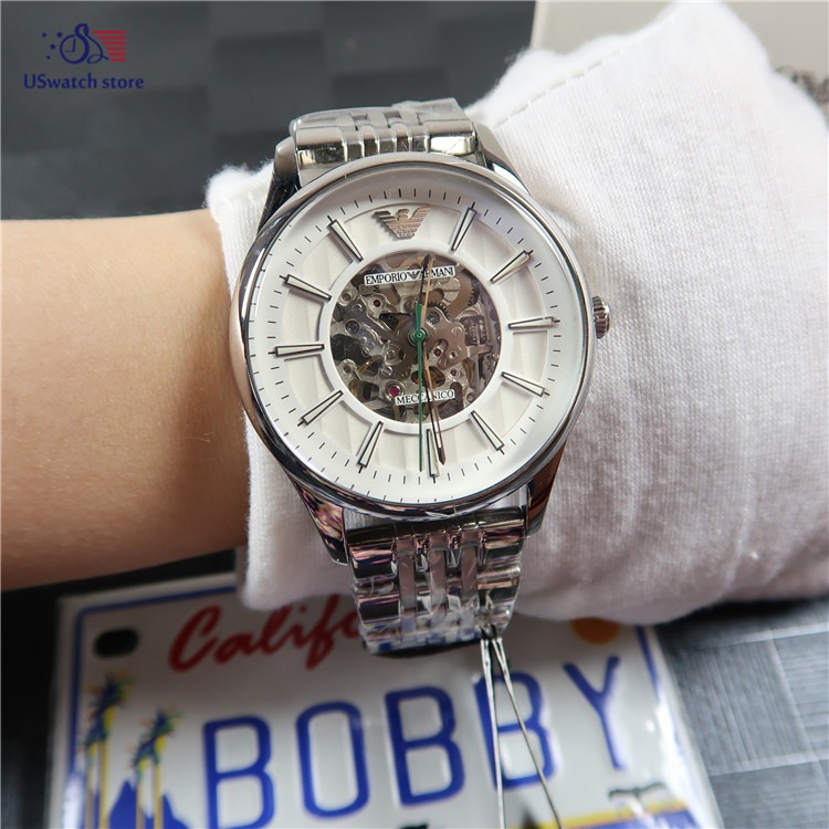 阿曼尼手錶 ARMANI手錶 男生腕錶 鏤空自動機械錶 男士休閒高檔不鏽鋼鏈手錶 阿瑪尼商務銀色男錶AR1945-細節圖3