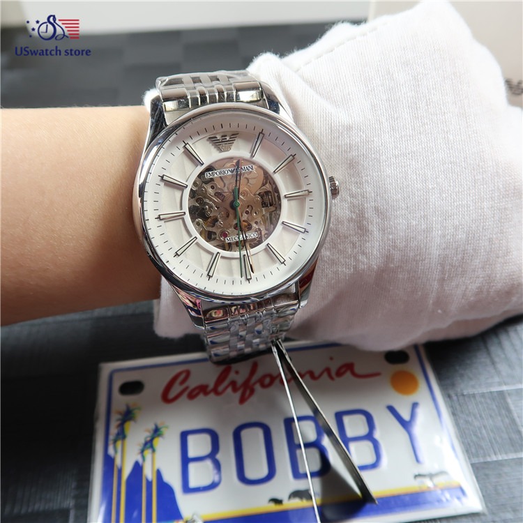 阿曼尼手錶 ARMANI手錶 男生腕錶 鏤空自動機械錶 男士休閒高檔不鏽鋼鏈手錶 阿瑪尼商務銀色男錶AR1945-細節圖4