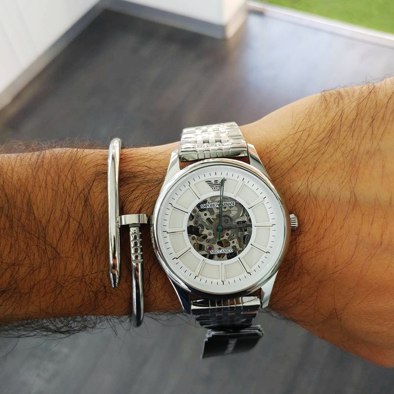 阿曼尼手錶 ARMANI手錶 男生腕錶 鏤空自動機械錶 男士休閒高檔不鏽鋼鏈手錶 阿瑪尼商務銀色男錶AR1945-細節圖5