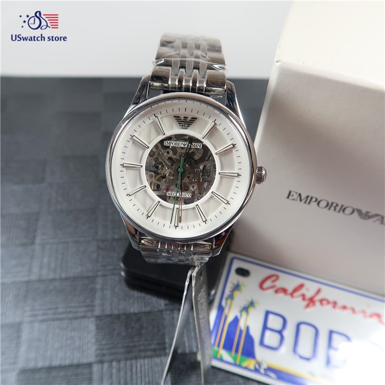 阿曼尼手錶 ARMANI手錶 男生腕錶 鏤空自動機械錶 男士休閒高檔不鏽鋼鏈手錶 阿瑪尼商務銀色男錶AR1945-細節圖6