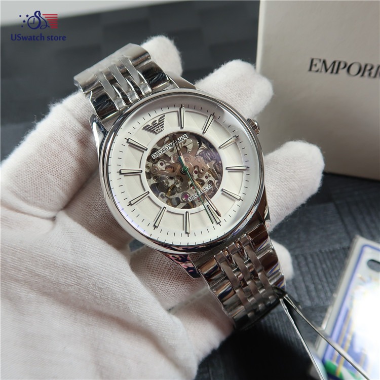 阿曼尼手錶 ARMANI手錶 男生腕錶 鏤空自動機械錶 男士休閒高檔不鏽鋼鏈手錶 阿瑪尼商務銀色男錶AR1945-細節圖7