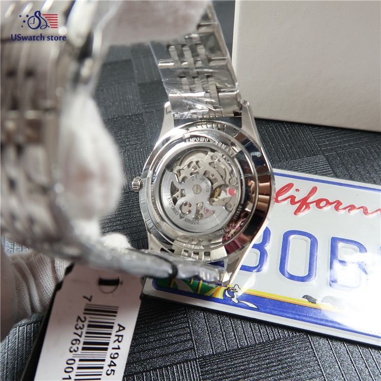 阿曼尼手錶 ARMANI手錶 男生腕錶 鏤空自動機械錶 男士休閒高檔不鏽鋼鏈手錶 阿瑪尼商務銀色男錶AR1945-細節圖9