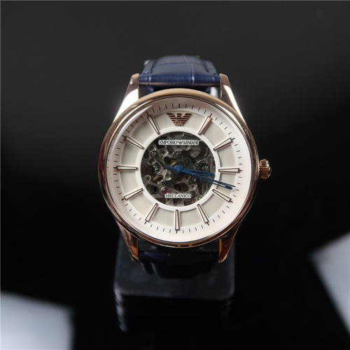Armani手錶 阿曼尼手錶 時尚潮流鏤空機械錶 休閒簡約皮帶歐美腕錶男士 深藍色AR1947