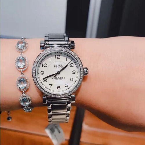 coach手錶 蔻馳手錶 女生手錶 女生腕錶 麥迪遜劉文同款石英錶 銀色鋼鏈水鑽女錶14502396