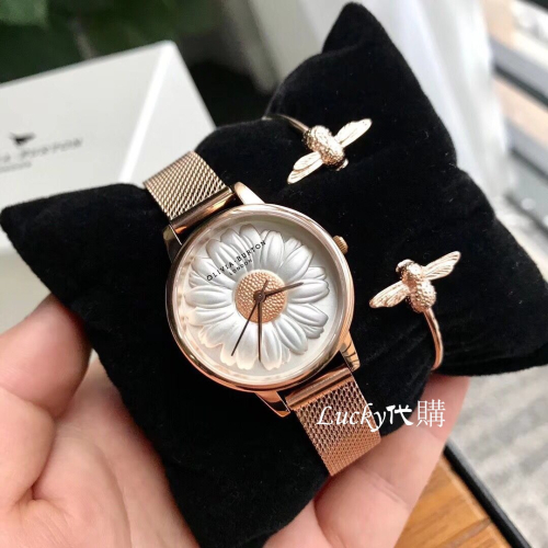 Olivia Burton手錶 OB手錶 英倫風鋼鏈真皮浮雕小雏菊菊花女錶 時尚手錶手鐲套裝組合