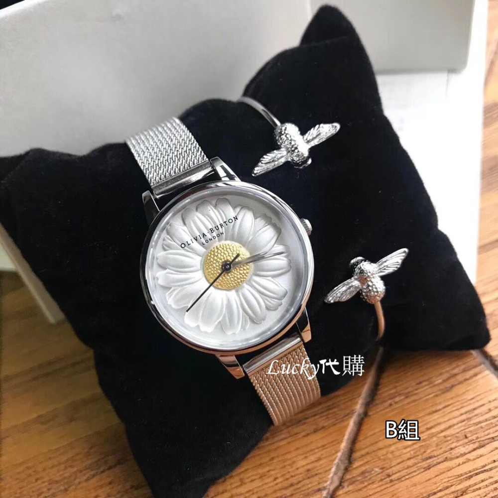 Olivia Burton手錶 OB手錶 英倫風鋼鏈真皮浮雕小雏菊菊花女錶 時尚手錶手鐲套裝組合-細節圖3