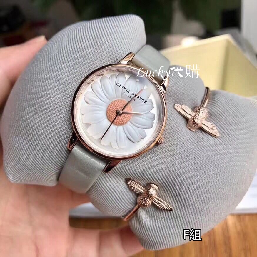 Olivia Burton手錶 OB手錶 英倫風鋼鏈真皮浮雕小雏菊菊花女錶 時尚手錶手鐲套裝組合-細節圖4