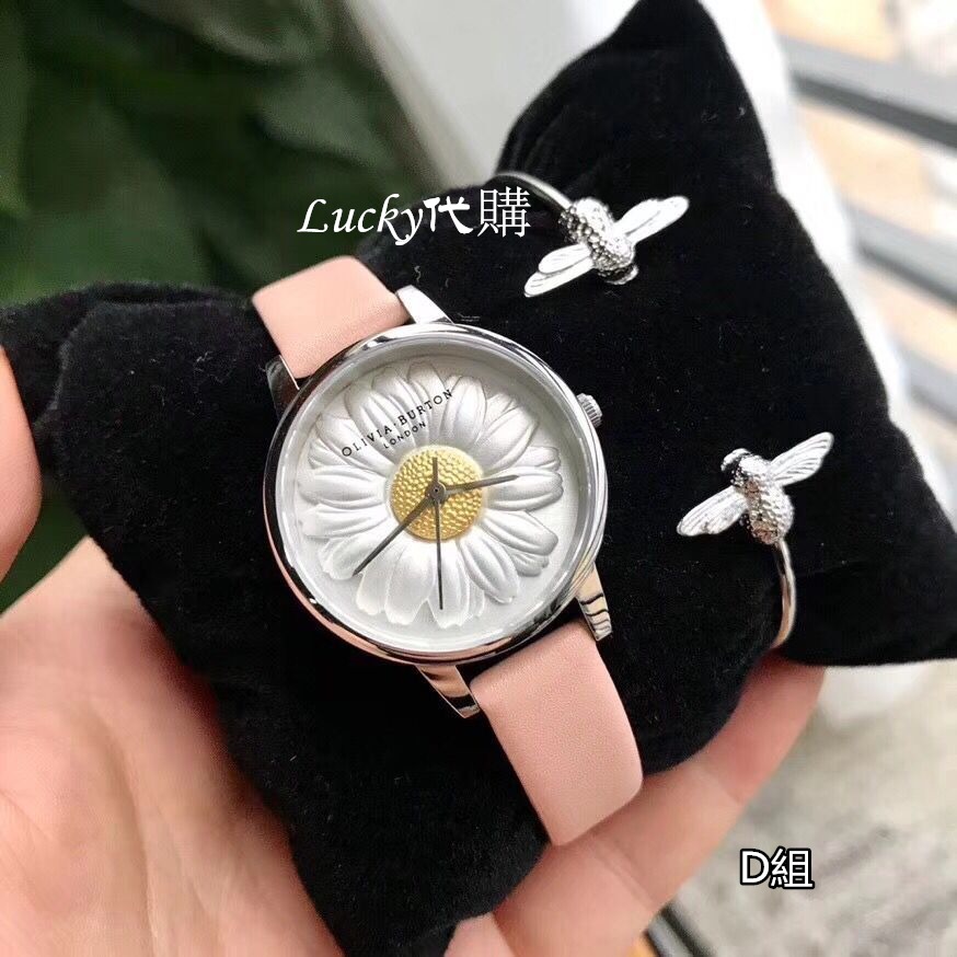 Olivia Burton手錶 OB手錶 英倫風鋼鏈真皮浮雕小雏菊菊花女錶 時尚手錶手鐲套裝組合-細節圖6