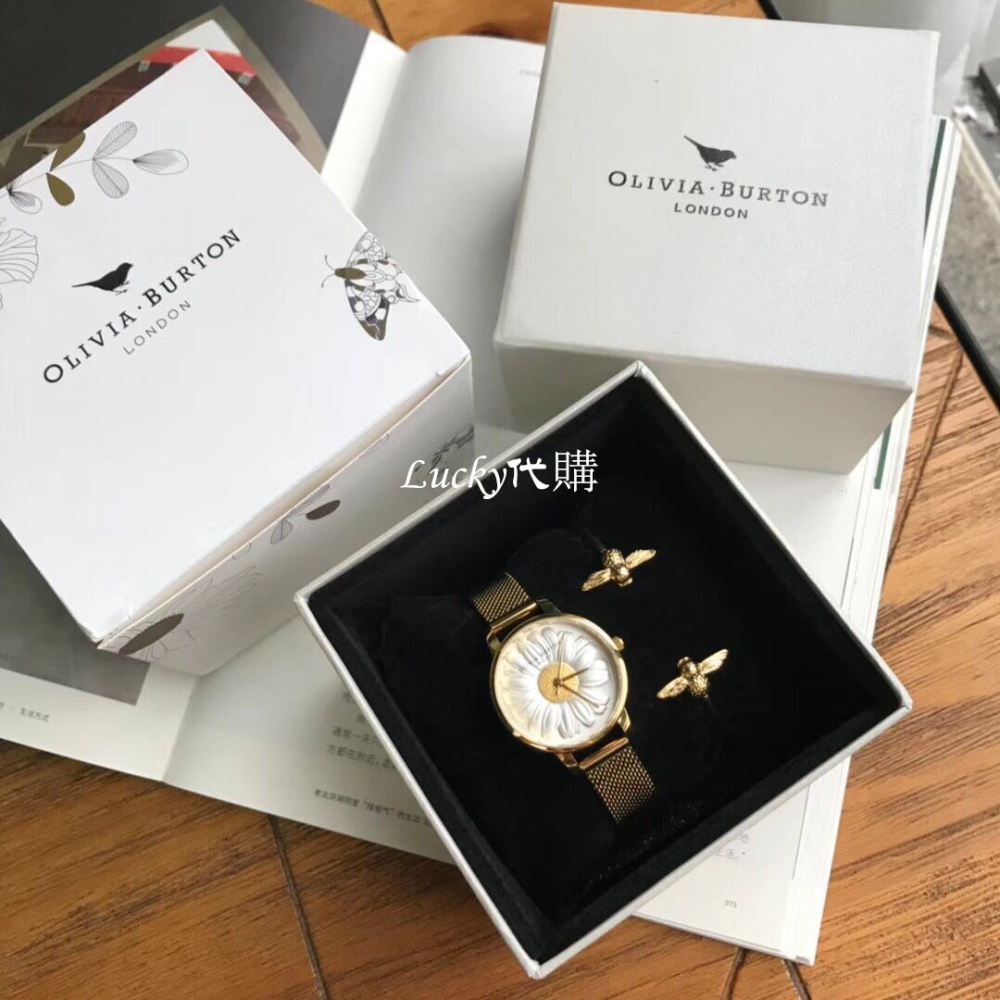 Olivia Burton手錶 OB手錶 英倫風鋼鏈真皮浮雕小雏菊菊花女錶 時尚手錶手鐲套裝組合-細節圖9