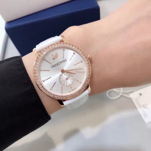 Swarovski施華洛世奇手錶 白色皮帶時尚復古女錶 鑲鑽真皮帶石英錶 女生精品錶5295386