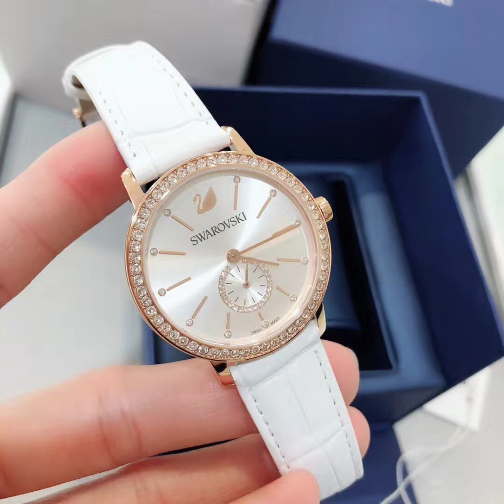Swarovski施華洛世奇手錶 白色皮帶時尚復古女錶 鑲鑽真皮帶石英錶 女生精品錶5295386-細節圖2