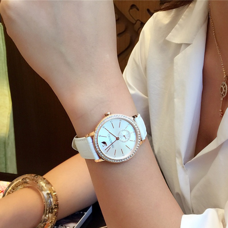 Swarovski施華洛世奇手錶 白色皮帶時尚復古女錶 鑲鑽真皮帶石英錶 女生精品錶5295386-細節圖4