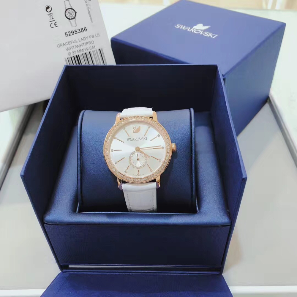 Swarovski施華洛世奇手錶 白色皮帶時尚復古女錶 鑲鑽真皮帶石英錶 女生精品錶5295386-細節圖5