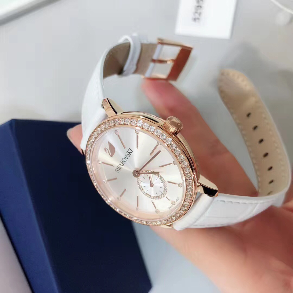 Swarovski施華洛世奇手錶 白色皮帶時尚復古女錶 鑲鑽真皮帶石英錶 女生精品錶5295386-細節圖6