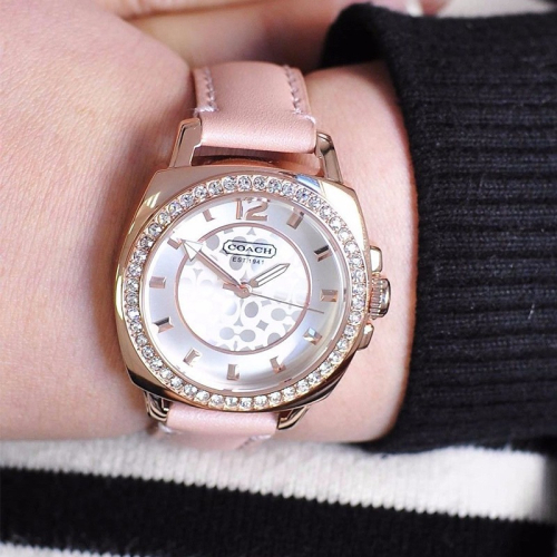 Coach手錶 蔻馳手錶 方形玫瑰金鑲鑽粉色皮帶石英女錶 時尚潮流百搭石英錶14501753