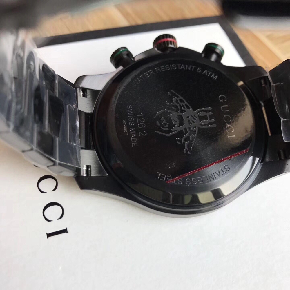 Gucci手錶 古馳手錶 男生手錶 大直徑三眼計時手錶 小蜜蜂男錶 黑色鋼鏈商務休閒時尚潮流男士腕錶 多功能六針石英錶-細節圖8