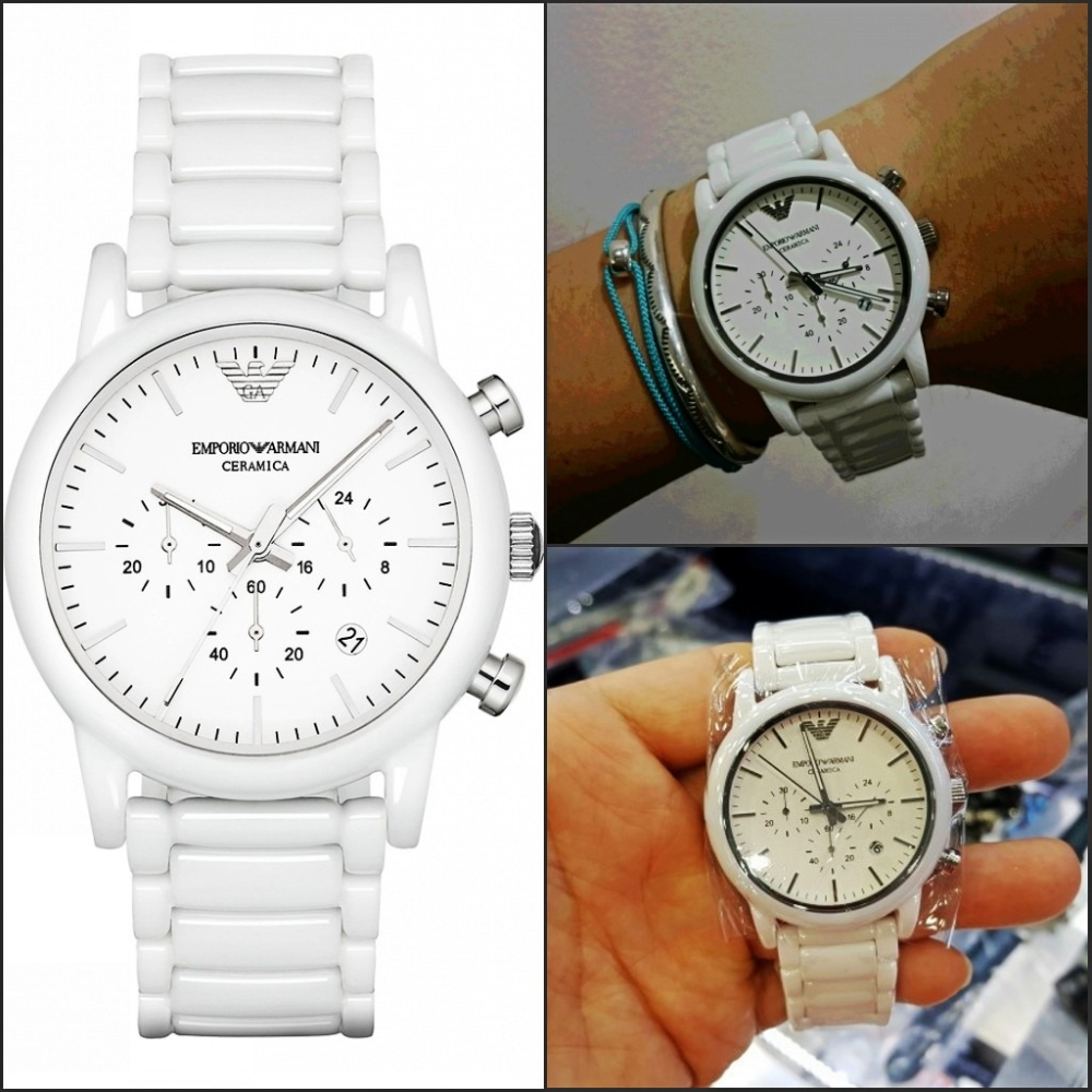 Armani手錶 男生手錶 白色陶瓷手錶阿瑪尼手錶 白色陶瓷三眼計時日曆石英錶 歐美簡約時尚百搭防水男錶AR1499-細節圖2