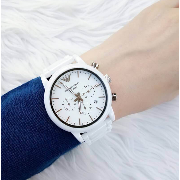 Armani手錶 男生手錶 白色陶瓷手錶阿瑪尼手錶 白色陶瓷三眼計時日曆石英錶 歐美簡約時尚百搭防水男錶AR1499-細節圖3