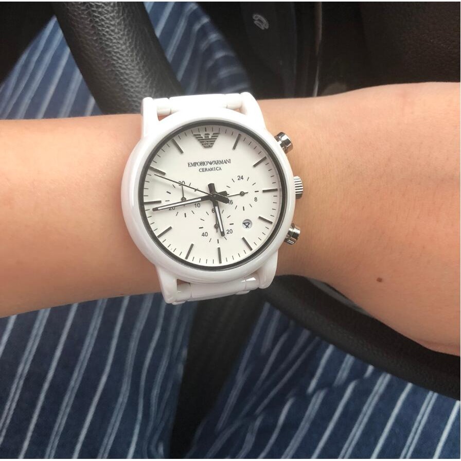 Armani手錶 男生手錶 白色陶瓷手錶阿瑪尼手錶 白色陶瓷三眼計時日曆石英錶 歐美簡約時尚百搭防水男錶AR1499-細節圖4
