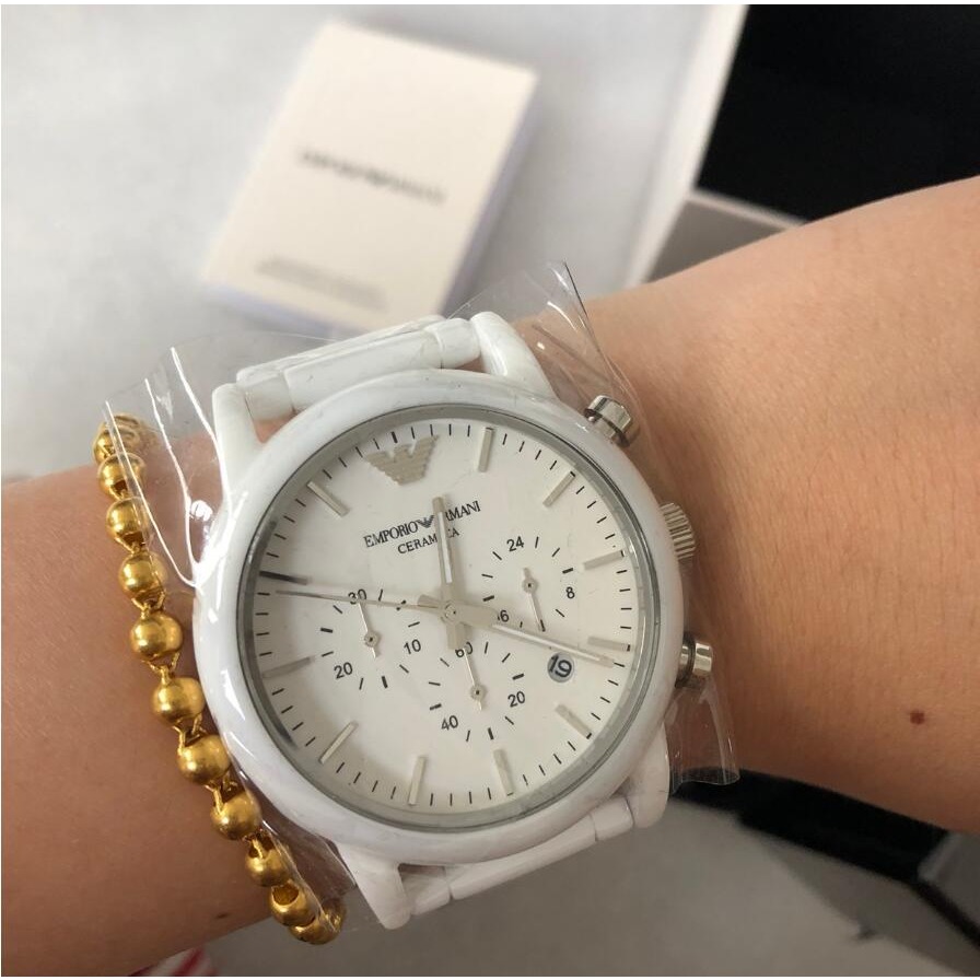 Armani手錶 男生手錶 白色陶瓷手錶阿瑪尼手錶 白色陶瓷三眼計時日曆石英錶 歐美簡約時尚百搭防水男錶AR1499-細節圖5