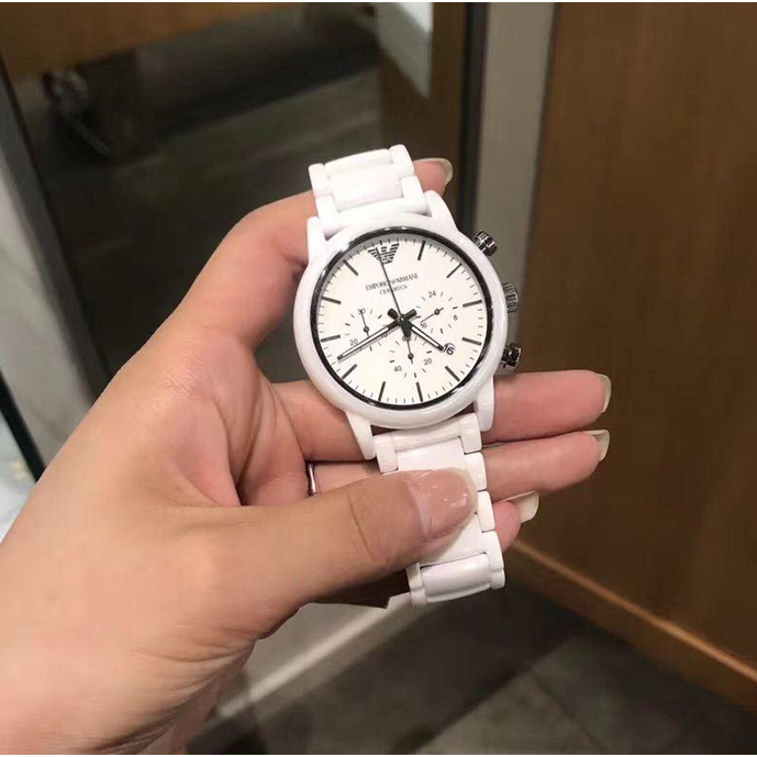 Armani手錶 男生手錶 白色陶瓷手錶阿瑪尼手錶 白色陶瓷三眼計時日曆石英錶 歐美簡約時尚百搭防水男錶AR1499-細節圖6