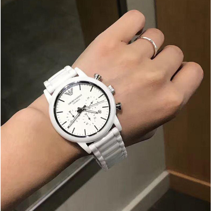 Armani手錶 男生手錶 白色陶瓷手錶阿瑪尼手錶 白色陶瓷三眼計時日曆石英錶 歐美簡約時尚百搭防水男錶AR1499-細節圖7
