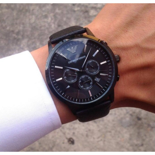 Armani手錶 阿瑪尼手錶 大錶盤酷黑皮帶三眼計時日曆男士腕錶 商務休閒石英男錶AR2461
