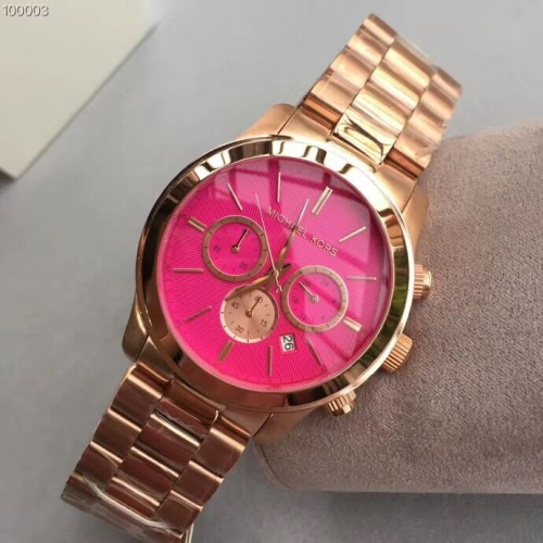 MICHAEL KORS手錶 MK5931 MK手錶 熒光粉玫瑰金色鋼鏈錶 女生石英錶 三眼計時日曆防水腕錶 大直徑手錶