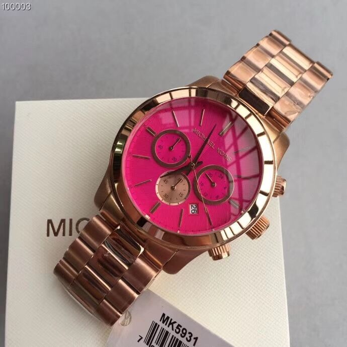 MICHAEL KORS手錶 MK5931 MK手錶 熒光粉玫瑰金色鋼鏈錶 女生石英錶 三眼計時日曆防水腕錶 大直徑手錶-細節圖6