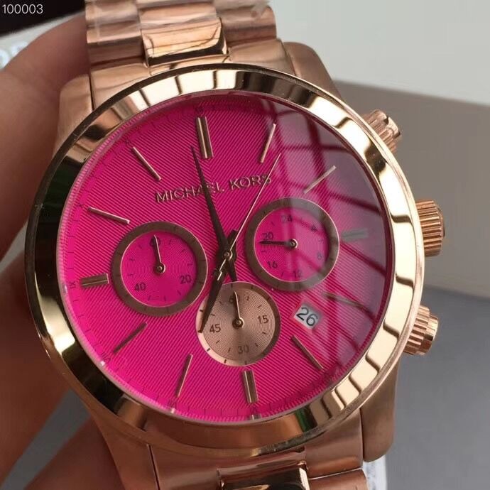 MICHAEL KORS手錶 MK5931 MK手錶 熒光粉玫瑰金色鋼鏈錶 女生石英錶 三眼計時日曆防水腕錶 大直徑手錶-細節圖8